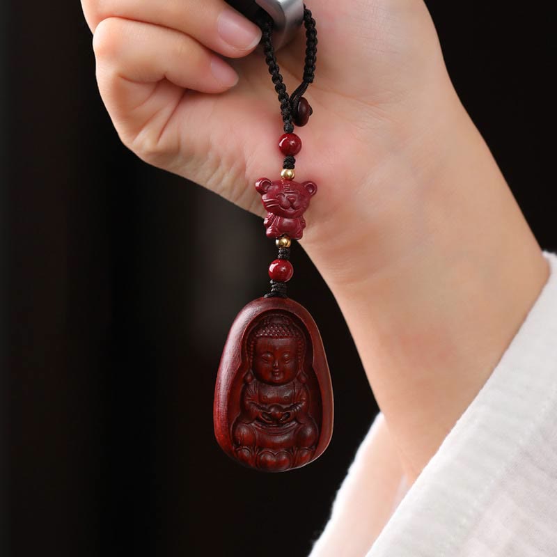 Wear FengShui Small Leaf Red Sandalwood Buddha Cinnabar Chinese Zodiac Amulet Protection Key Chain