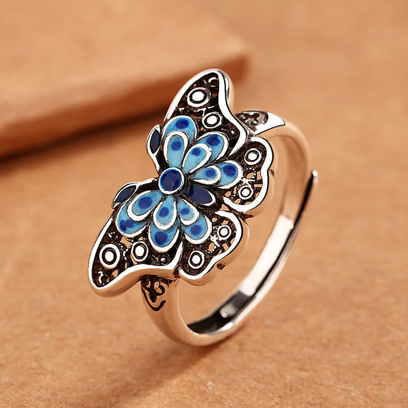 Wear FengShui Hollow Enamel Blue Butterfly Pattern Love Ring