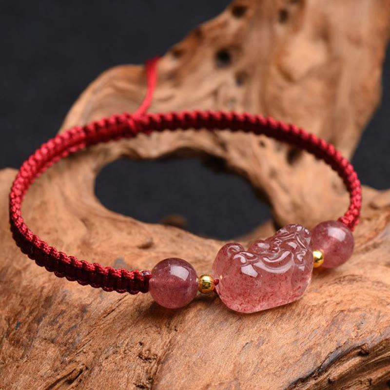 Wear FengShui Natural Strawberry Quartz PiXiu Lucky Red String Bracelet