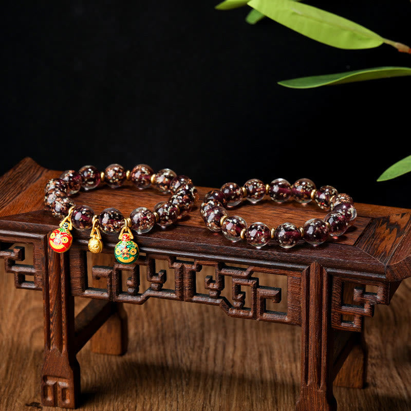 Wear FengShui Gold Swallowing Beast Family Charm Luminous Fluorescent Liuli Glass Bead Success Bracelet