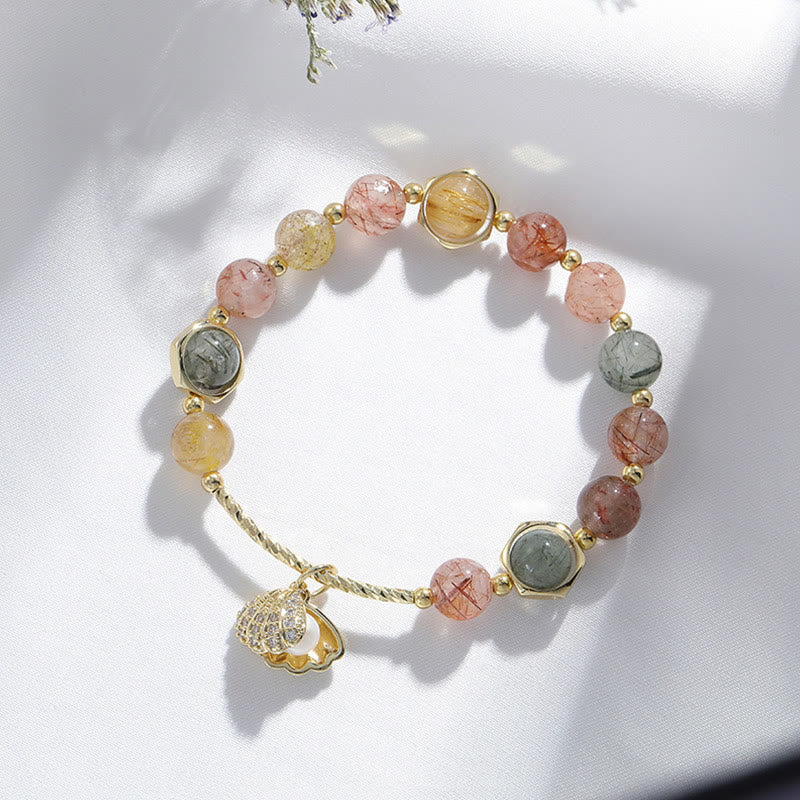 Wear FengShui Natural Colorful Rutilated Quartz Shell Protection Bead Bracelet