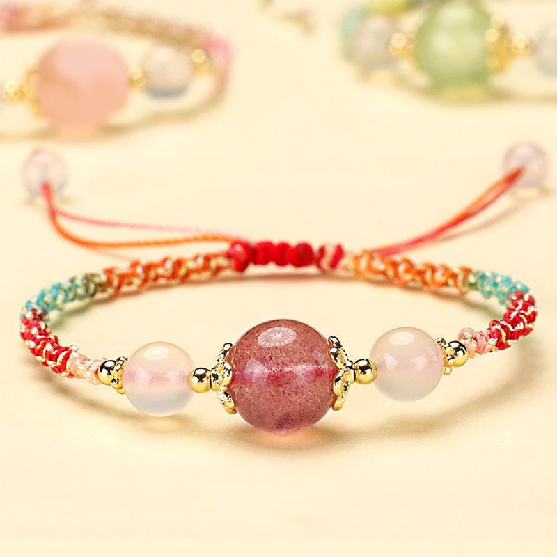 Wear FengShui Strawberry Quartz Pink Crystal Prehnite White Agate Bead Healing Rope Bracelet