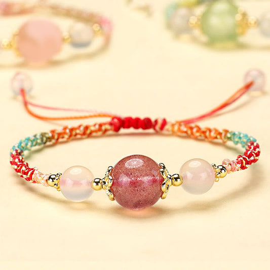 Wear FengShui Strawberry Quartz Pink Crystal Prehnite White Agate Bead Healing Rope Bracelet