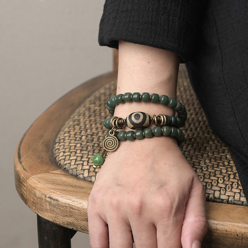 Wear FengShui Cyan Bodhi Seed Dzi Bead Wisdom Peace Triple Wrap Bracelet