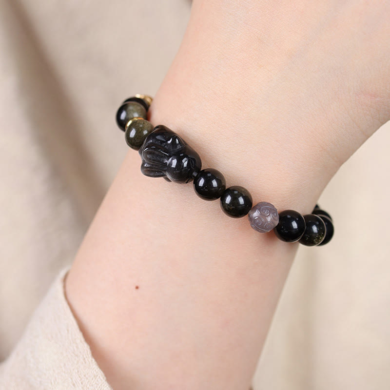 Wear FengShui Gold Sheen Obsidian Black Obsidian Silver Sheen Obsidian Cute Rabbit Protection Bracelet