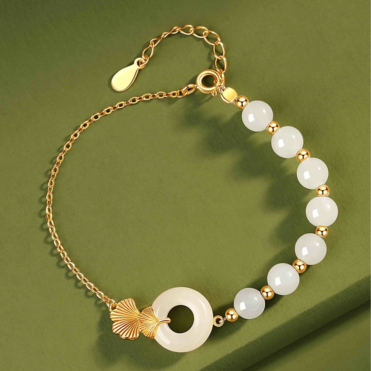Wear FengShui 925 Sterling Silver Hetian White Jade Peace Buckle Ginkgo Leaf Luck Bracelet