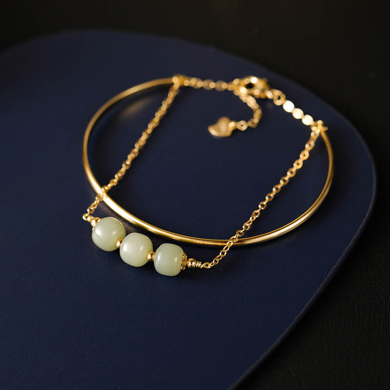 Wear FengShui Copper Plated Gold Hetian Jade Bead Luck Double Layer Bracelet Bangle
