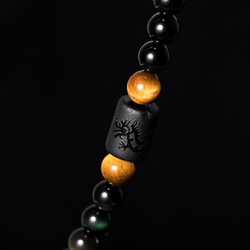 Wear FengShui Natural Black Obsidian Rainbow Obsidian Gourd Blessing Bracelet Mala