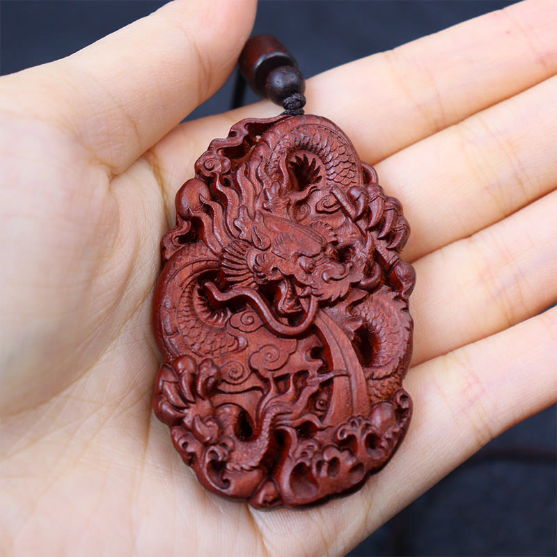 Wear FengShui Lightning Struck Jujube Wood Double Dragon Relief Ward Off Evil Spirits Necklace Pendant