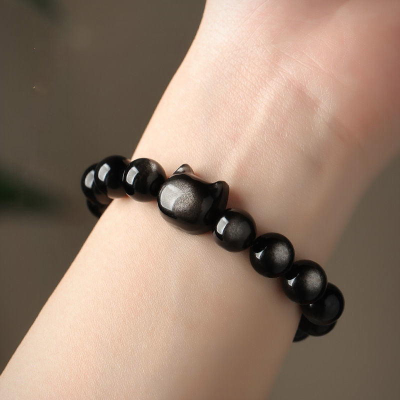 Wear FengShui Gold Sheen Obsidian Silver Sheen Obsidian Lovely Paw Lucky Cat Protection Bracelet
