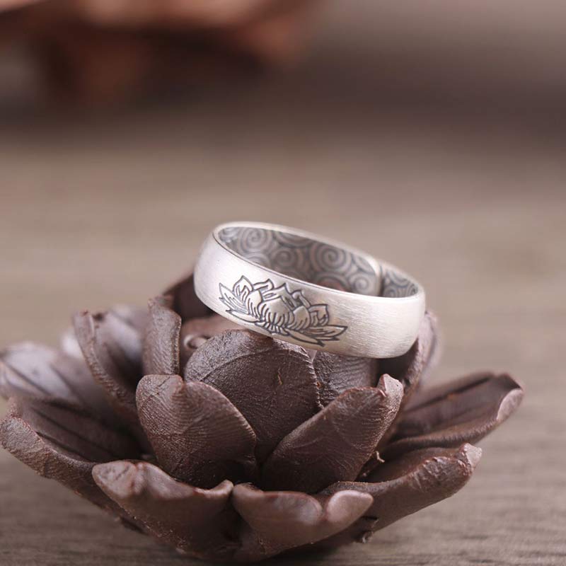 Wear FengShui 999 Sterling Silver Lotus Elephant Six True Words Blessing Ring