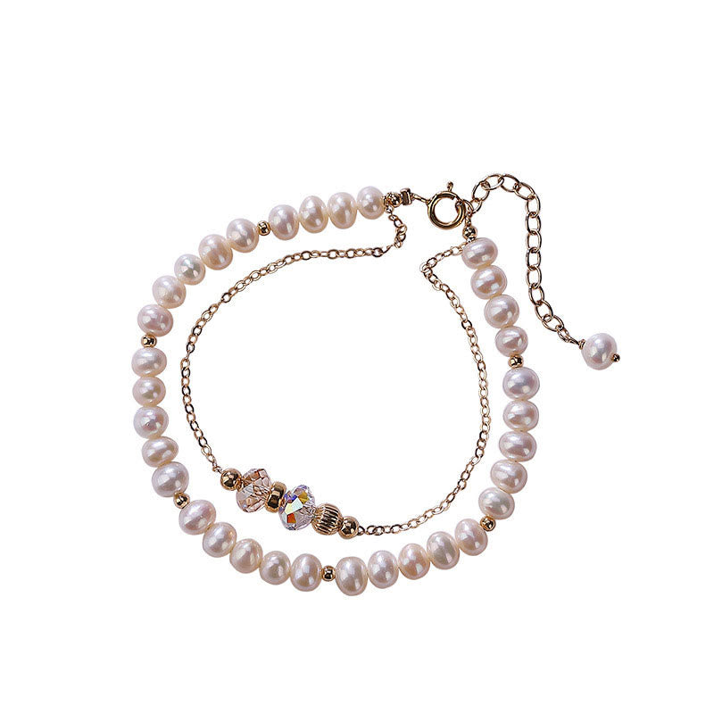 Wear FengShui 925 Sterling Silver Plated 14k Gold Natural Pearl Crystal Healing Double Layer Bracelet