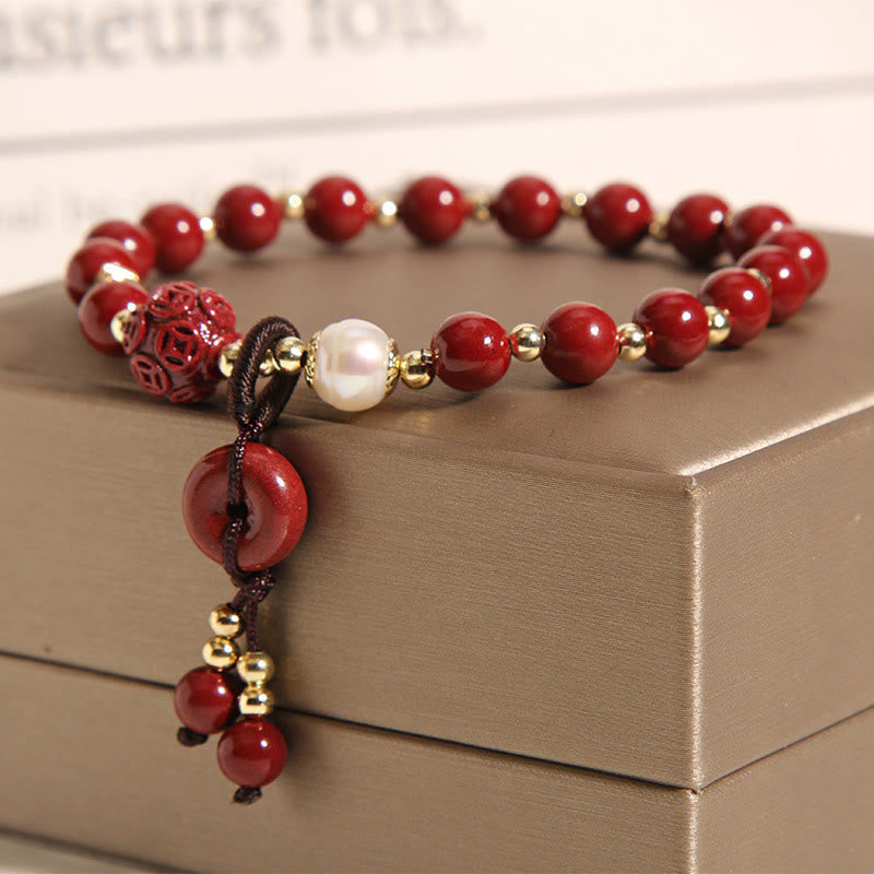 Wear FengShui Natural Cinnabar Peace Buckle Copper Coin Charm Blessing Bracelet
