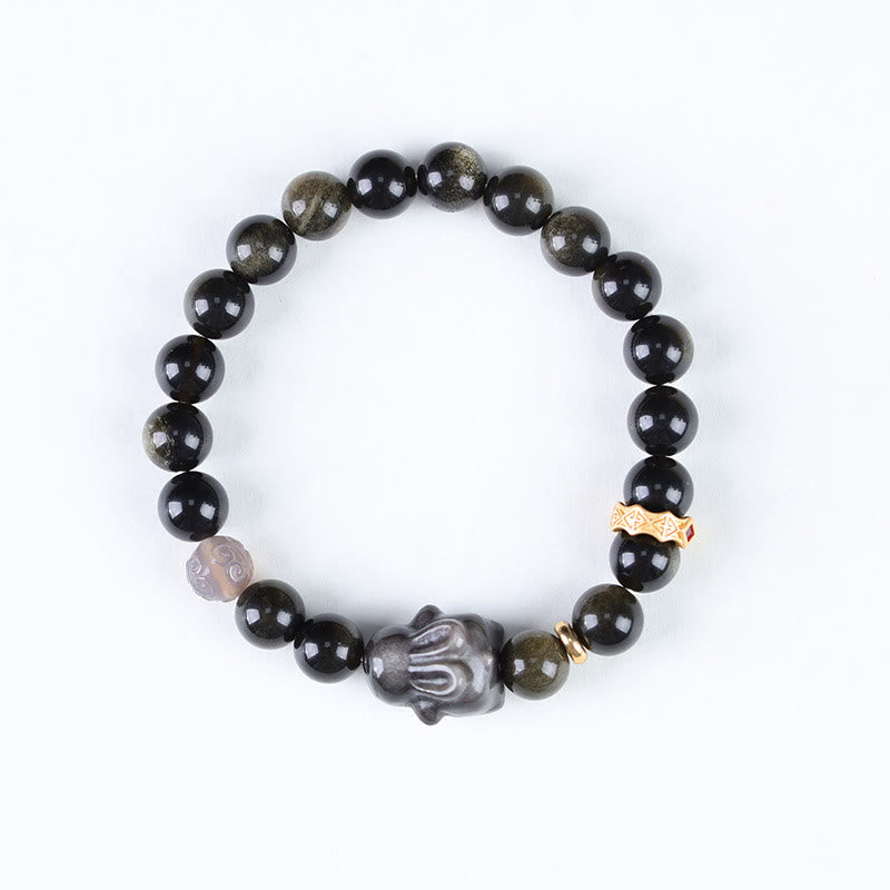 Wear FengShui Gold Sheen Obsidian Black Obsidian Silver Sheen Obsidian Cute Rabbit Protection Bracelet