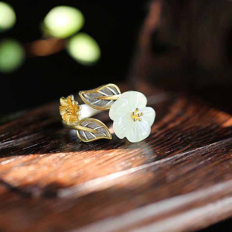 Wear FengShui 925 Silver Plated Copper White Jade Plum Flower Leaf Luck Ring