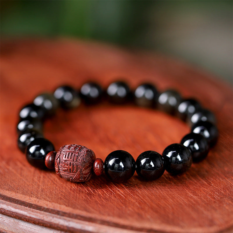 Wear FengShui Natural Gold Sheen Obsidian Rainbow Obsidian Om Mani Padme Hum Fu Character Healing Bracelet