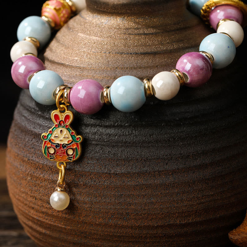 Wear FengShui Tibetan Zakiram Goddess of Wealth Rabbit Lion Head Charm Liuli Glass Incense Ash Porcelain Bead Protection Bracelet