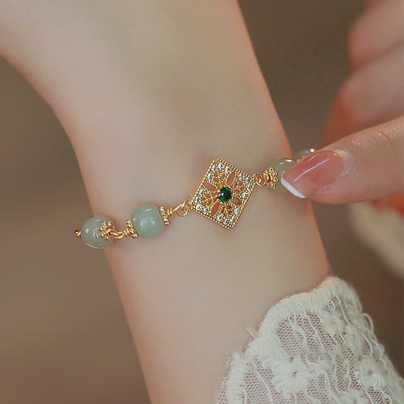 Wear FengShui Natural Hetian Jade Bead Square Pattern Luck Chain Bracelet