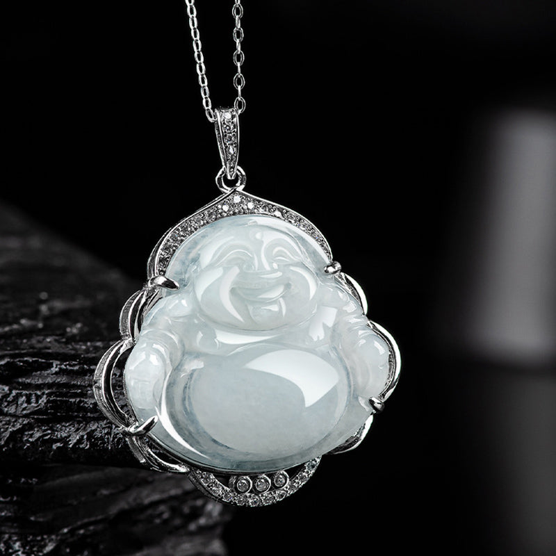 Wear FengShui Laughing Buddha Natural Jade Abundance Titanium Steel Chain Necklace Pendant