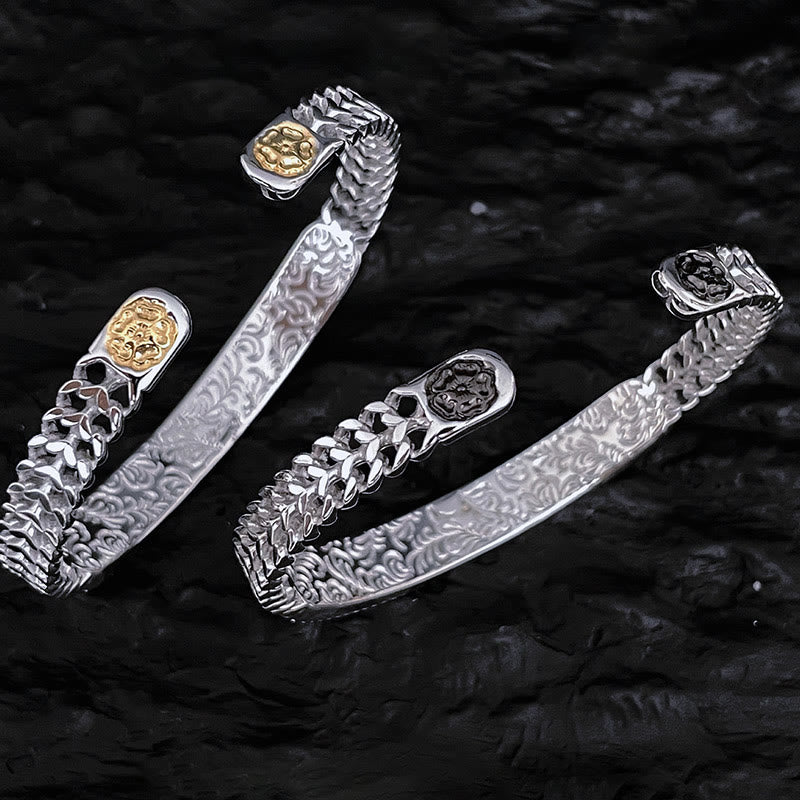Wear FengShui Tang Dynasty Flower Design Engraved Copper Luck Cuff Bracelet Bangle Adjustable Ring