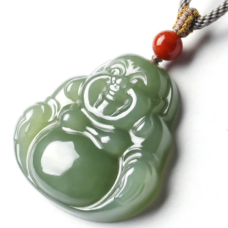 Wear FengShui Laughing Buddha Hetian Jade Abundance Necklace String Pendant