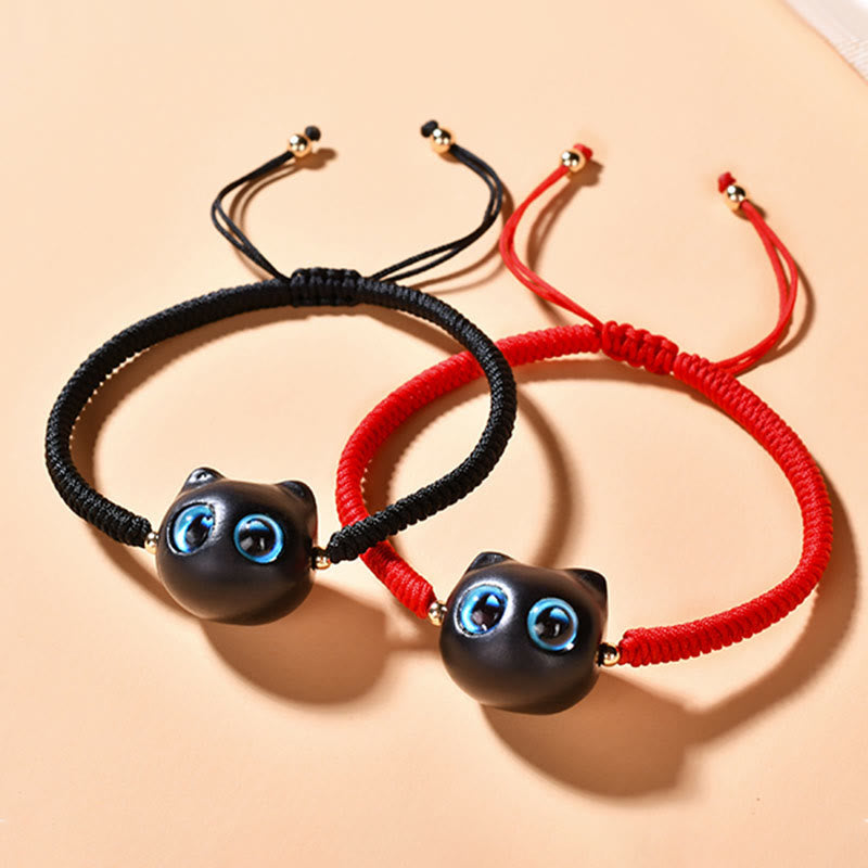 Wear FengShui Ebony Wood Cat Head Pattern Peace King Kong Knot Braided Bracelet