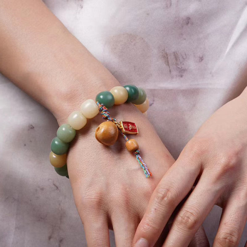 Wear FengShui Natural Gradient Bodhi Seed Wisdom Wooden Fish Drum Charm Bracelet