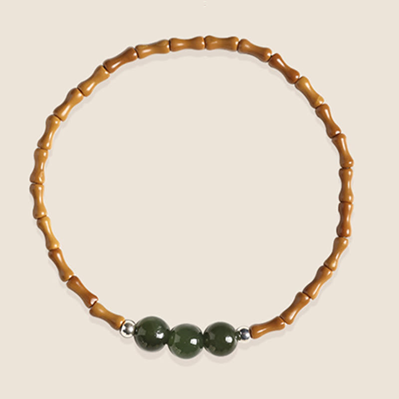 Wear FengShui Natural Olive Pit Bamboo Pattern Hetian Jade Beads Luck Bracelet