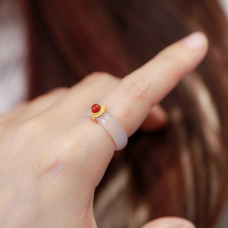 Wear FengShui White Agate Cyan Jade Turquoise Red Agate Luck Protection Ring