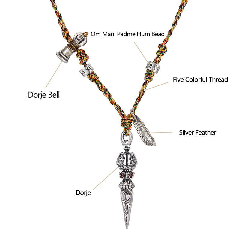 Wear FengShui Tibetan Handmade 925 Sterling Silver Dorje Vajra Om Mani Padme Hum Feather Strength Necklace Pendant