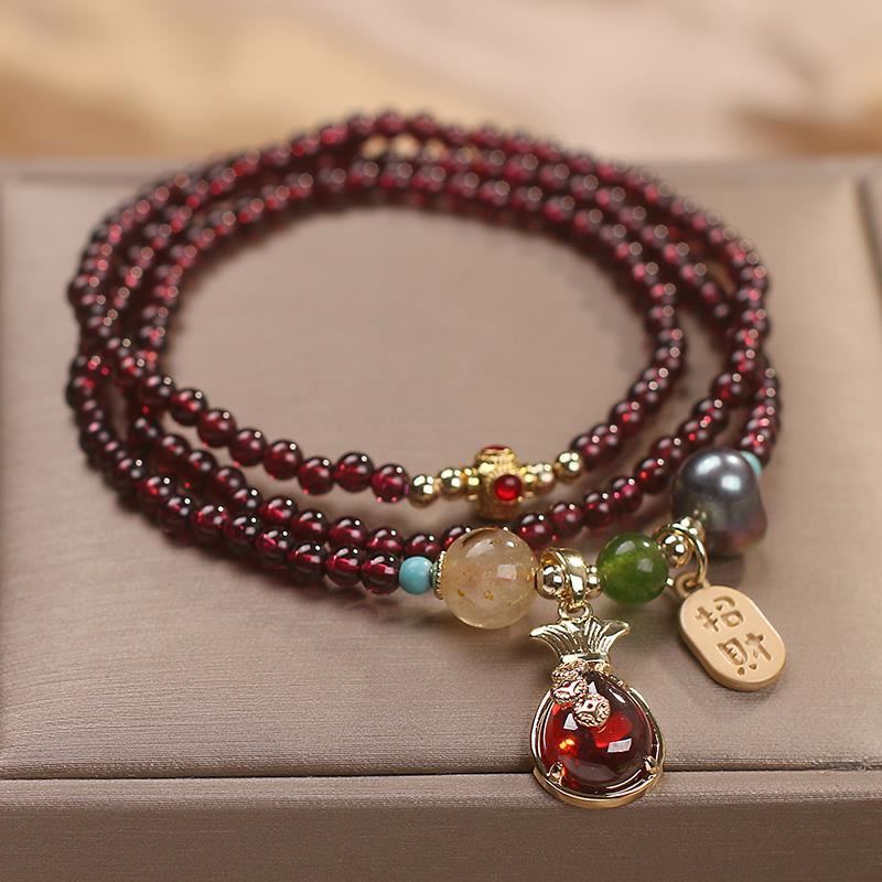 Wear FengShui Multi Layered Natural Garnet Jade Coin Money Bag Attracting Wealth Protection Bracelet