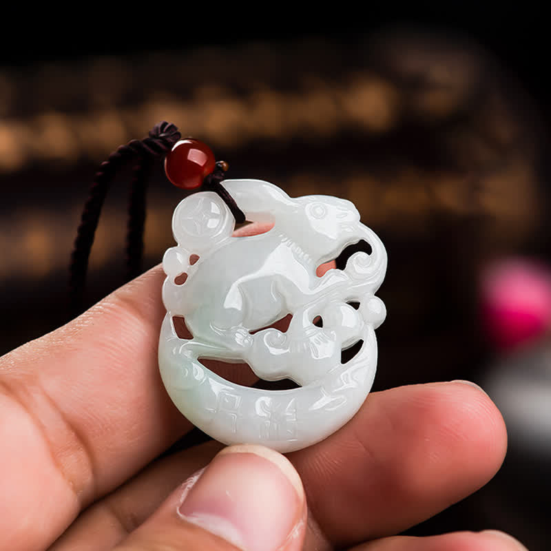 Wear FengShui Year of the Rabbit White Jade Crescent Moon Protection Necklace Pendant