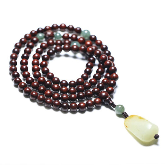 Wear FengShui Tibetan Small Leaf Red Sandalwood Jade Mala Meditation Bracelet