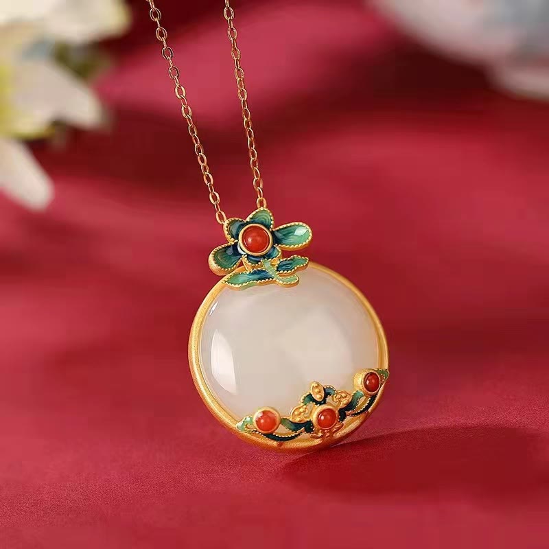Wear FengShui White Jade Red Agate Flower Blessing Luck Necklace Pendant