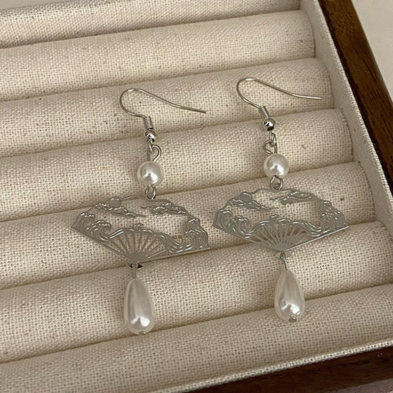 Wear FengShui Copper Fan Auspicious Clouds Pearl Healing Drop Earrings
