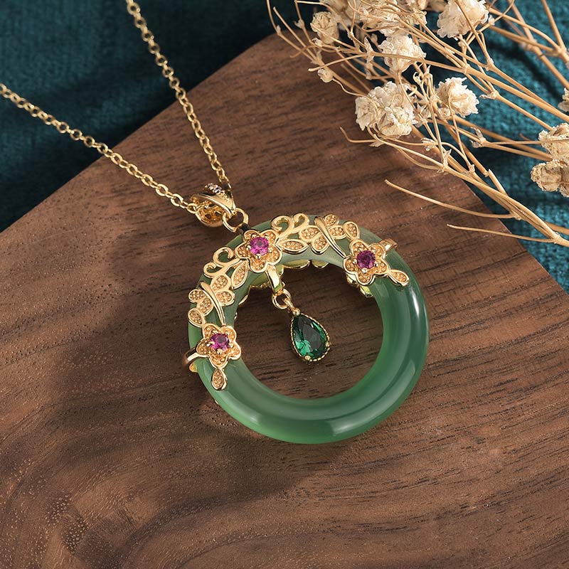 Wear FengShui Natural Round Cyan Jade Healing Necklace Pendant