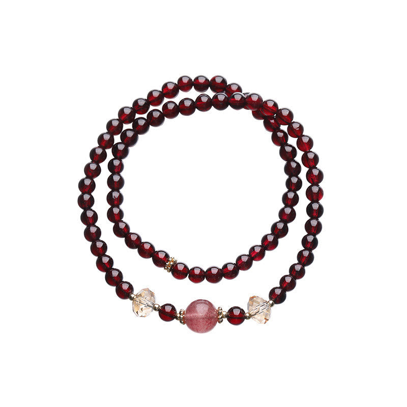 Wear FengShui 14K Gold Plated Natural Garnet Strawberry Quartz Stability Double Wrap Bracelet