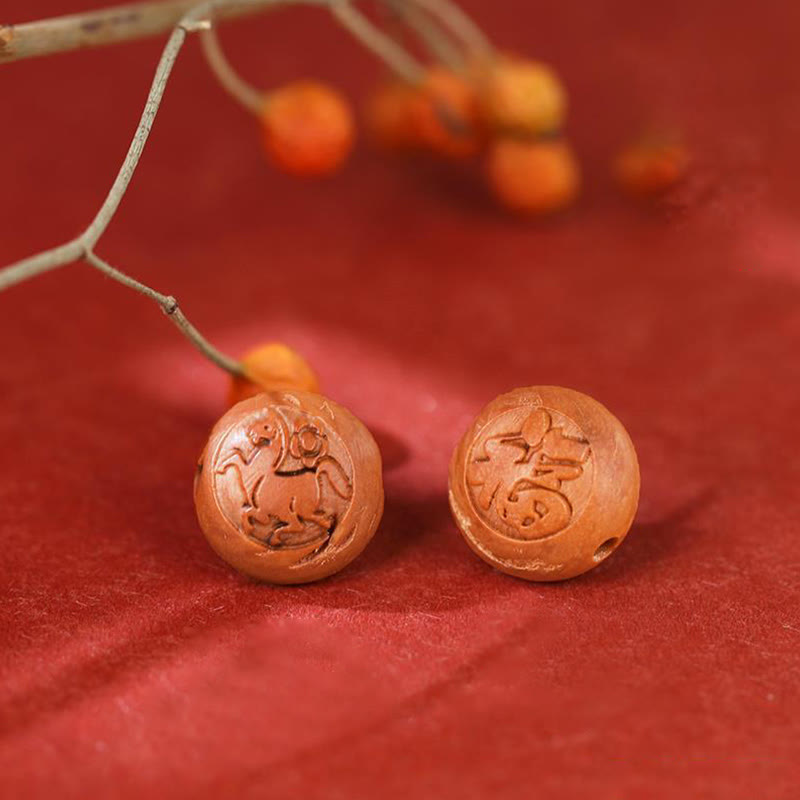 Wear FengShui Natural Peach Wood Chinese Zodiac Fu Character Carved Cinnabar Wealth Bracelet