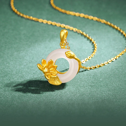 Wear FengShui Natural White Chalcedony Peace Buckle Lotus Pendant S925 Sterling Silver Necklace