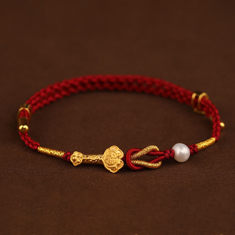 Wear FengShui 24K Gold Wish Ruyi Handle Fu Character Rabbit Pearl Luck Braided Bracelet
