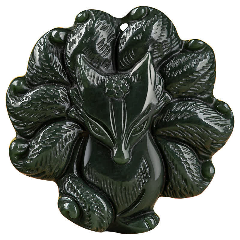 Wear FengShui Hetian Cyan Jade Nine Tailed Fox Luck Necklace String Pendant