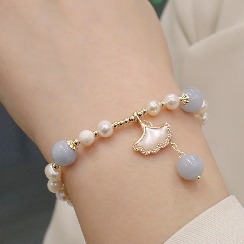 Wear FengShui Natural Aquamarine Pearl Healing Ginkgo Leaf Butterfly Charm Bracelet