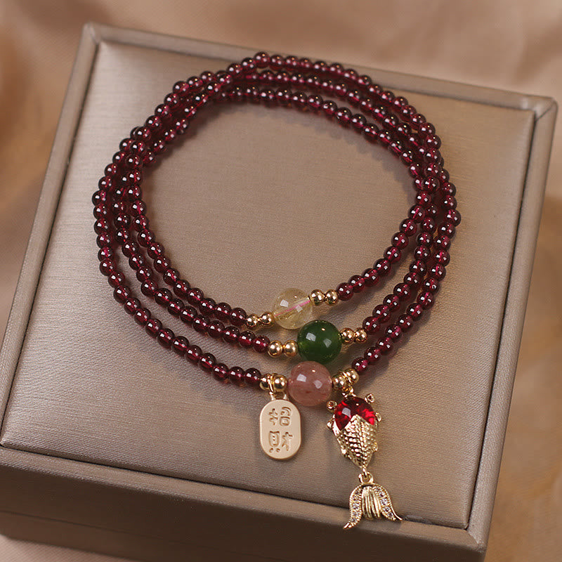 Wear FengShui Natural Garnet Strawberry Quartz Crystal Fox Koi Fish Peace Buckle Fortune Protection Triple Wrap Bracelet