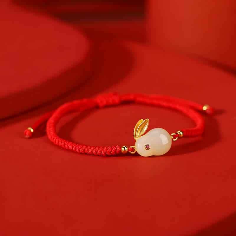 Wear FengShui 925 Sterling Silver Year of the Rabbit Hetian White Jade Luck Red String Protection Bracelet