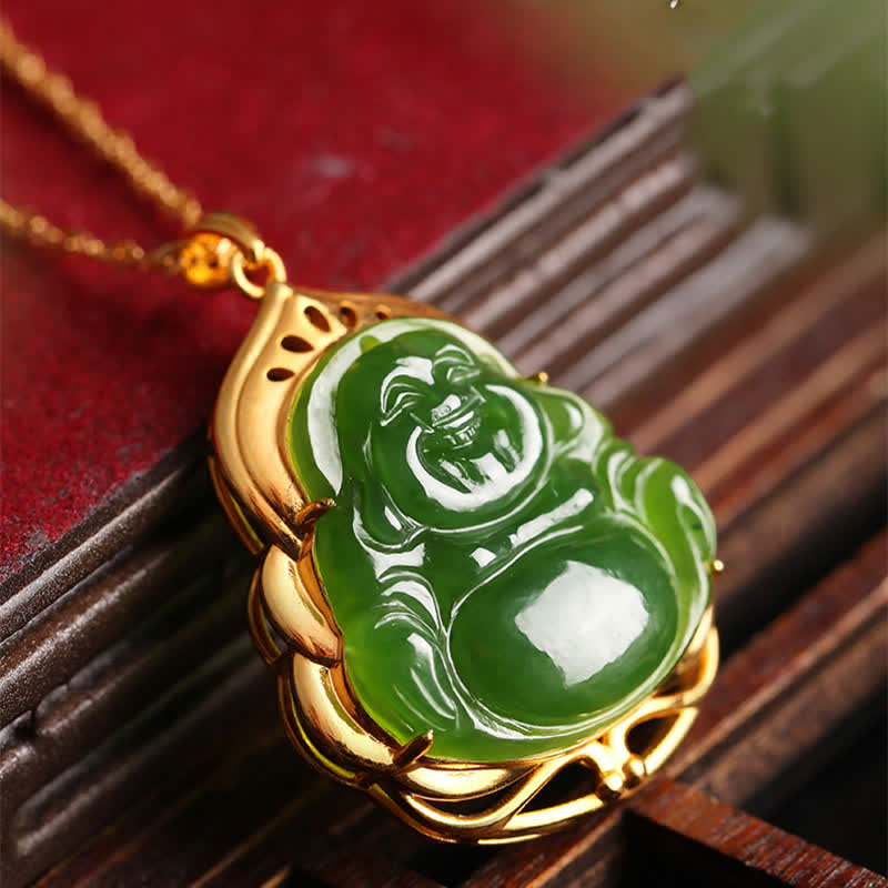 Wear FengShui 925 Sterling Silver Natural Hetian Cyan Jade Laughing Buddha 18K Gold Healing Necklace Chain Pendant