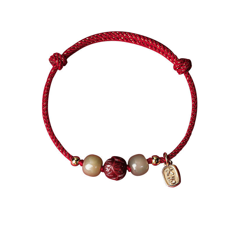 Wear FengShui 14K Gold Plated Hetian Jade Cinnabar Lotus Luck Handcrafted Rope Bracelet