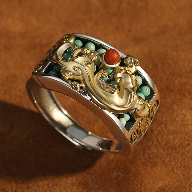 Wear FengShui 925 Sterling Silver Turquoise Red Agate PiXiu Abacus Protection Ring