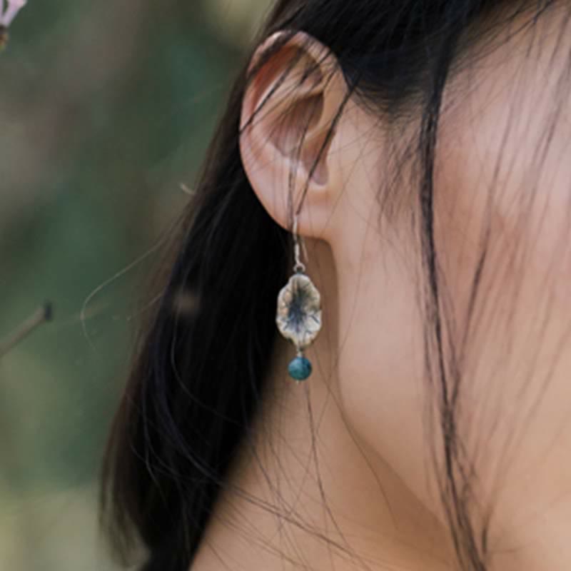 Wear FengShui 925 Sterling Silver Turquoise Lotus Leaf Protection Drop Dangle Earrings