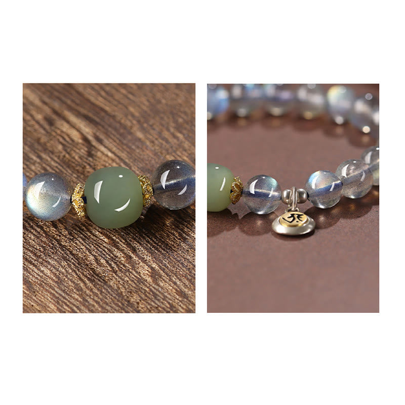 Wear FengShui Chinese Zodiac Natal Buddha 925 Sterling Silver Natural Moonstone Hetian Jade Positive Bracelet