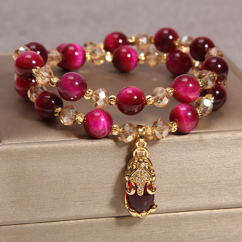 Wear FengShui Tiger Eye Pixiu Fox Money Bag Protection Self Confidence Double Wrap Bracelet